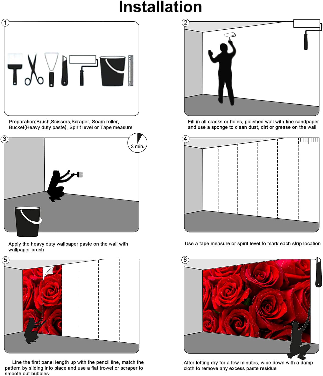 FLFK Carta da parati 3D con rose rosse e fiori, rimovibile, grande carta da parati per soggiorno, camera da letto, decorazione per la casa, 250 x 160 cm (non autoadesiva)
