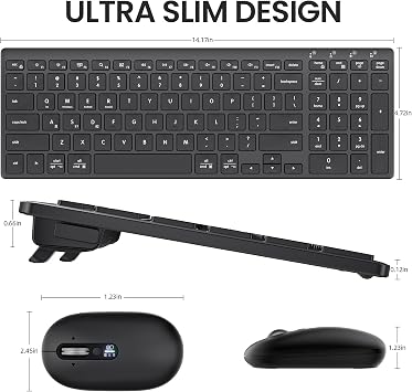 Wireless Keyboard and Mouse Combo, 2 in 1 USB Receiver and 2 bluetooth for 3 Device, Ultra-Slim Keyboard with Adjustable Stand and 4-way Scroll Mouse Combo for Computer, Laptop, Tablet, MacBook, iPad.