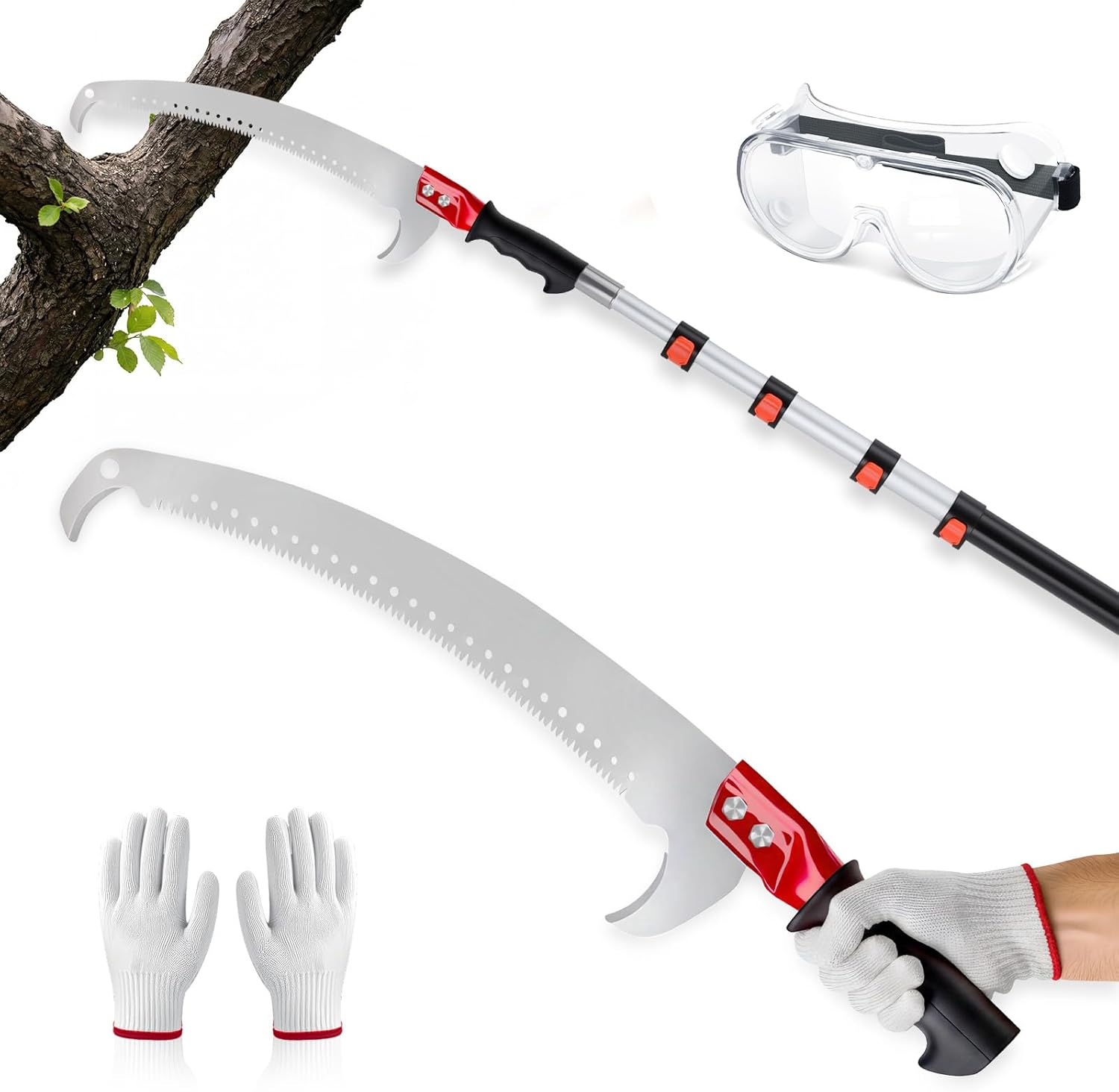 26FT Pole Saw for Tree Trimming, Manual Telescoping Tree Pruner with 5–20FT Extension Pole, Long Reach Hand Saw for Ground Cutting in Yard, Garden & Patio