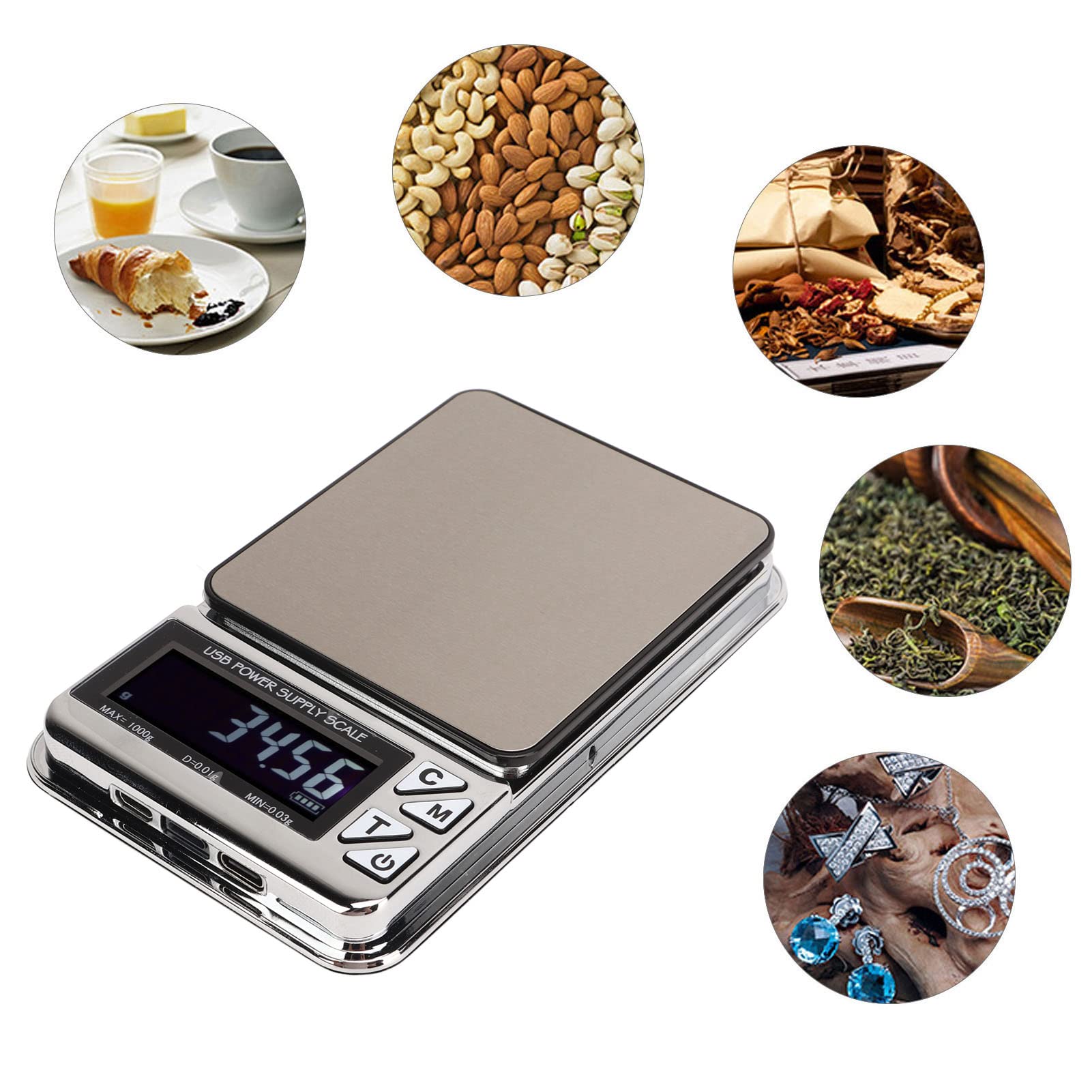 Balance Numérique Portable, 0.01g x 1000g USB Balance Electronique Plate Précise Mini Balance de Poche pour Bijoux en Or Objets de Collection Alimentation Herbes Café avec Sac de Stockage
