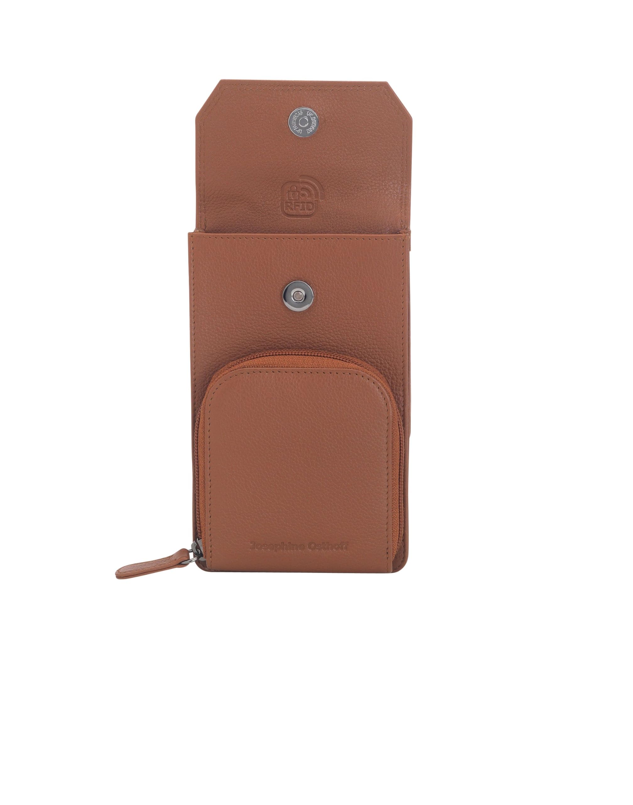 Torebka na telefon komórkowy do zawieszenia damska mała, prawdziwa skóra, torba na ramię na telefon komórkowy, smartfon, torba z ochroną RFID, zamek błyskawiczny Crossbody (100), Caramel, 17 x 10 x 4 cm