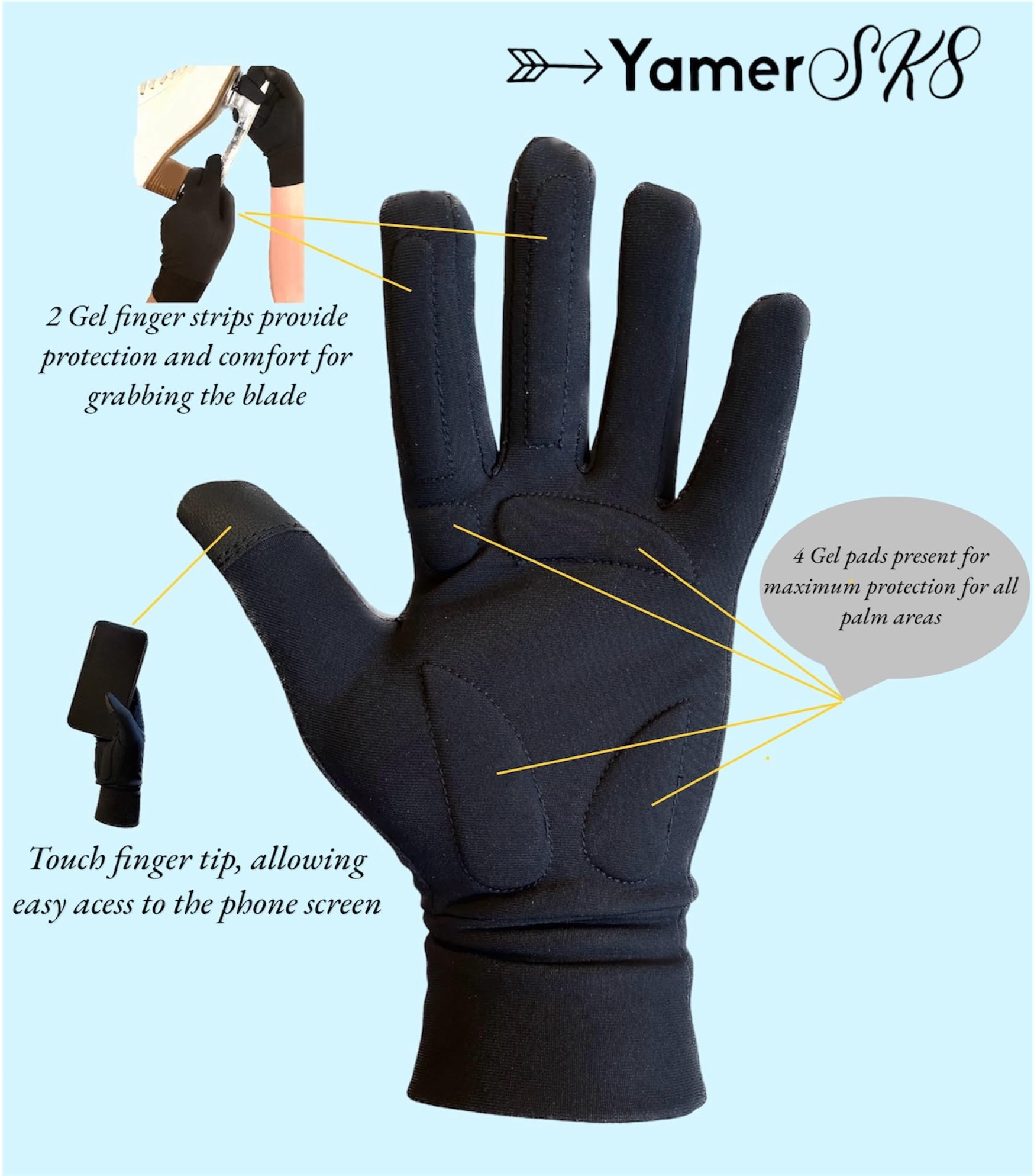 YamerSK8 Figure Skating Gloves with Gel Pads Palm Protection for Practice Competition (Black, M)
