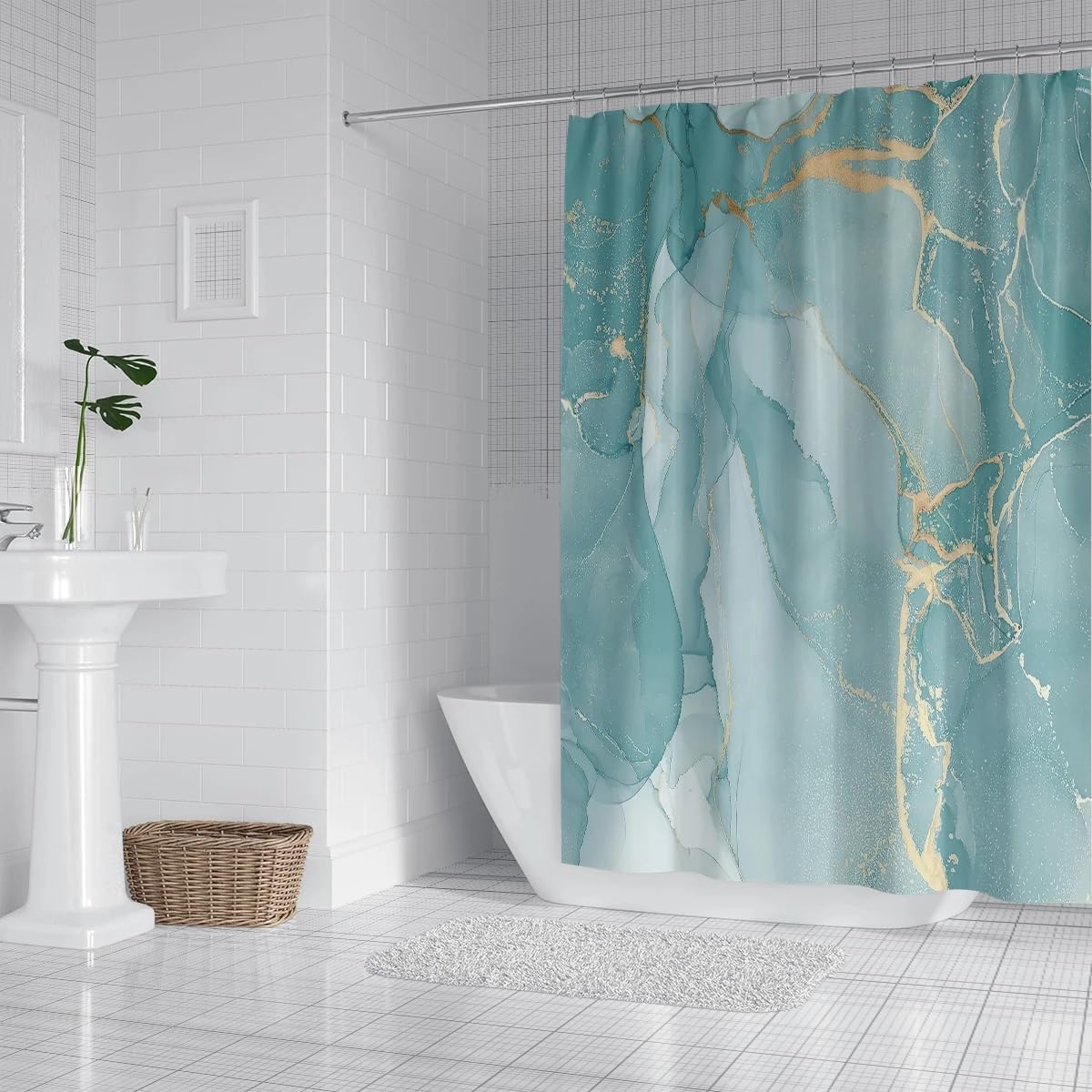 Marble Shower Curtain, 53x75in-135x190cm/WxL, Textured Marble Shower Curtain Set, Modern Ombre Fabric Cloth Shower Curtains, Waterproof Fabric Shower Curtain for Bathroom Set with Hooks