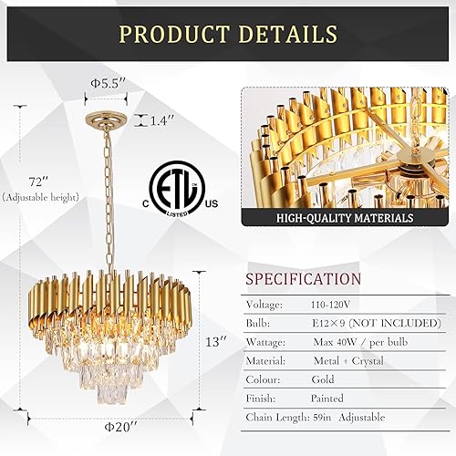 Miniatura 6 de CATINER Candelabro moderno dorado de 20 pulgadas de cristal colgante de techo con 4 niveles de gota de lluvia, montaje empotrado, lámpara colgante