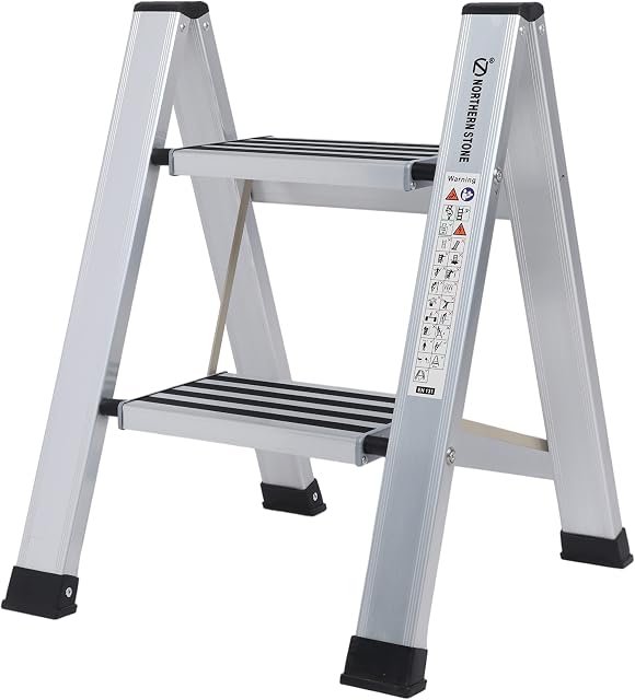 EPROSMIN 2-Step ladders Lightweight Folding Aluminum Alloy Step Stool with Anti-Slip Wide Tread for Household, Office, Painting, Decorating, Electricians, Silver
