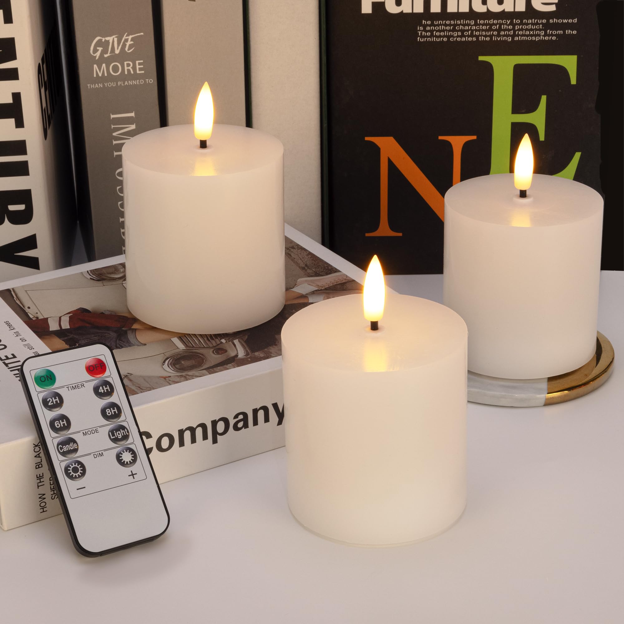 Set of 3 White Flameless Candles (3x3 Inch) Real Wax Dimmable LED Pillar Candles with Remote Control & 24H Timer - Battery Operated Flickering Lights for Fireplace Home Decor, Weddings and Parties — image 1