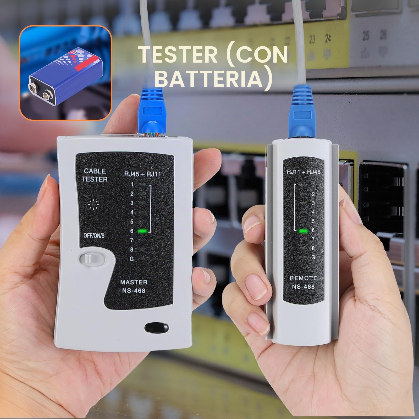 HARDELL Pinza Crimpatrice RJ45, Crimpatore Ethernet Passante per Connettori RJ11/RJ45 Cat5/Cat6, Kit Completo con Schema di Cablaggio, Lame di Ricambio, Guaine, Tester e Batteria
