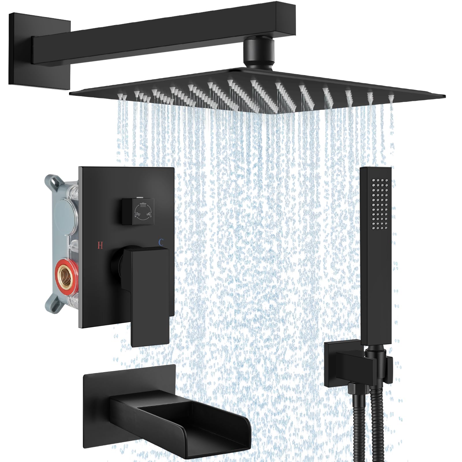 Hcfyauis Matte Black Rain Shower System Tub Shower Faucet Set Square Rainfall Waterfall Shower Head With Handheld Sprayer Tub Spout Combo Wall Mounted Bathtub Faucet Set Rough-In Valve, 10 Inch