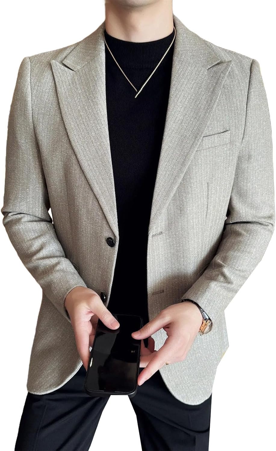Mens Snowflake Dot Dark Striped Fashionable and Stylish Casual Suit Jacket Korean-style Slim-fit Suit