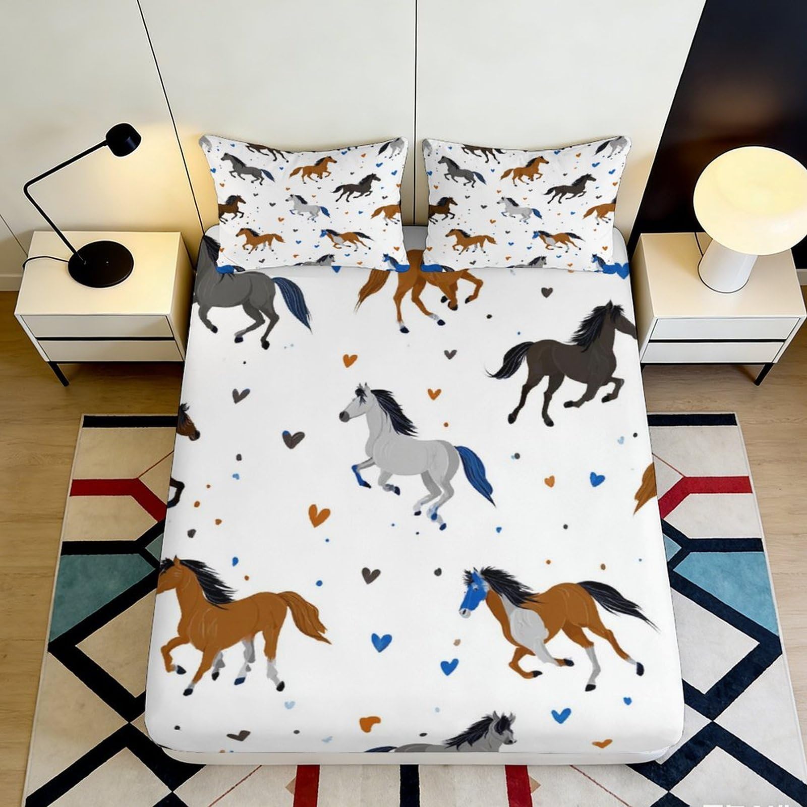 3D Printed Horse Pattern Fitted Sheet Microfiber Soft Breathable Running Horses Bed Cover for Bedroom Dormitory Guest Room Mattress Protection Decor 160x200x25cm