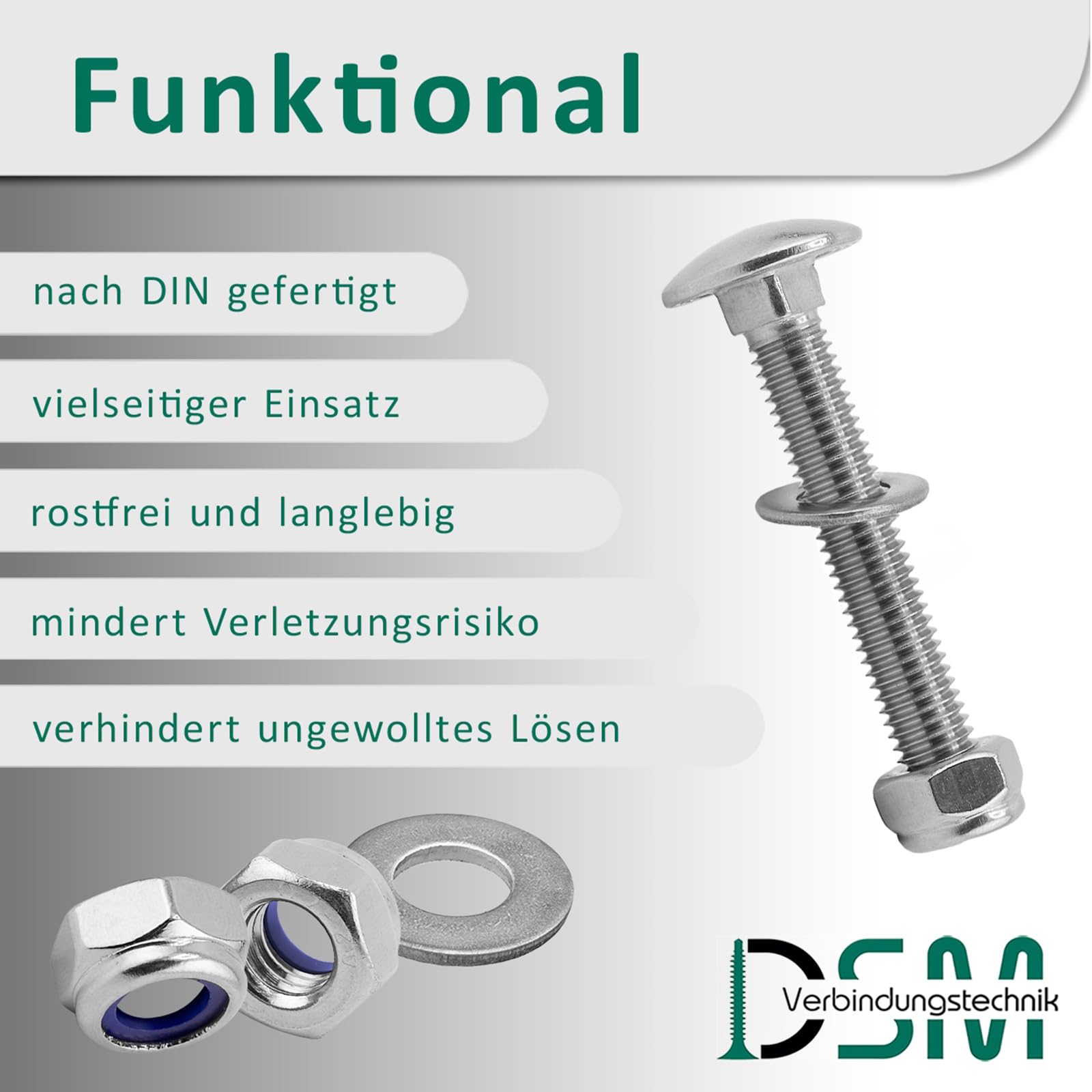 DSM – Lot de 100 vis de fixation M5 x 70 mm selon DIN 603 – Écrou de sécurité M5 DIN 985 & Rondelle DIN 125 – Acier inoxydable A2/V2A – Vis à tête bombée avec embase carrée – Écrous-butées – 100