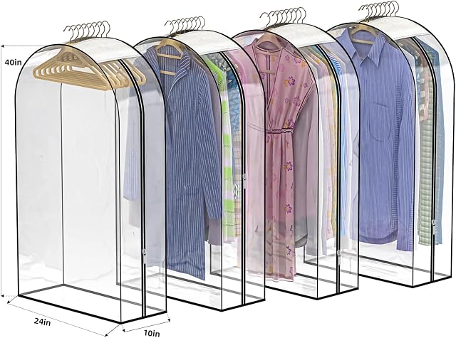 Upgraded Thickened Clear Garment Bags for Hanging Clothes 4 Packs, 10“ Gusseted and 40" Clothes Protectors for Hanging Clothes for Closet, Shirts, Coats, Dresses