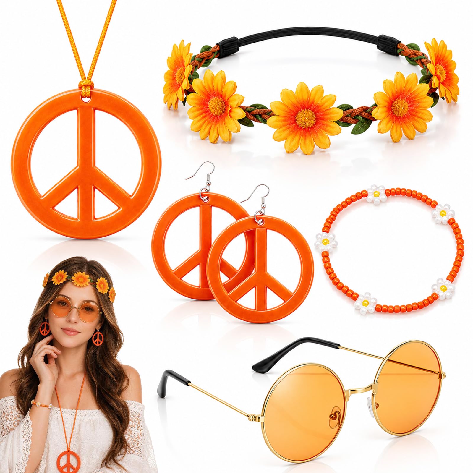 Thinp 6 Pcs Hippie Costume Accessories Set for Women (Style 2)