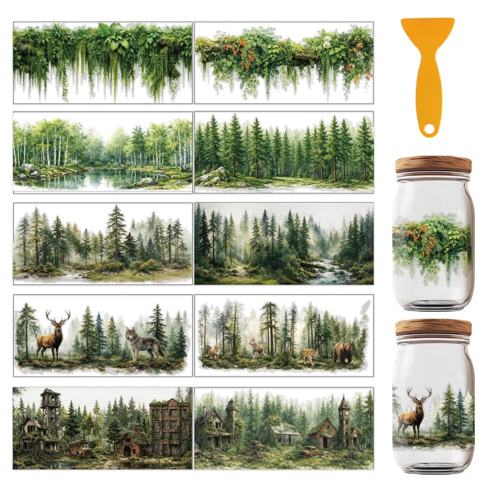 GOMAKERER 20 Pcs Forest Nature UV DTF Cup Wraps, 10 Sheets Tree and Landscape Scenery Cup Wrap Decals Forest Fawn Cottage Waterproof Rub on Transfer for Glass Bottle Vase Furniture Crafts
