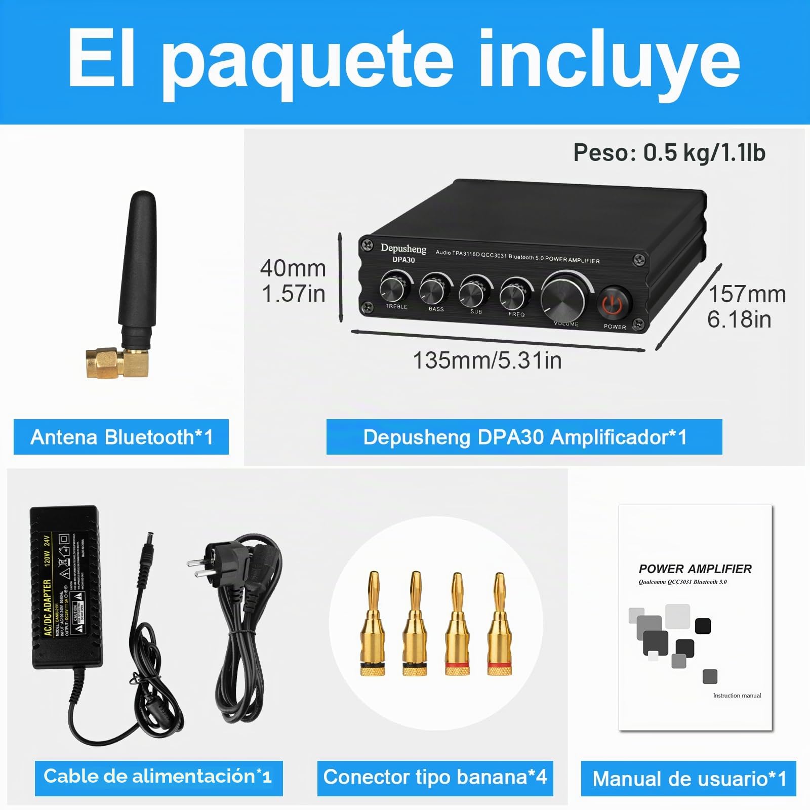 Depusheng DPA30 Amplificador Receptor de Audio estéreo 2.1 Canales Mini Hi-Fi Bluetooth 5.0 Amplificador de componentes de Audio 50 W x2+100 W para el hogar al Aire Libre Altavoz pasivo y subwoofer