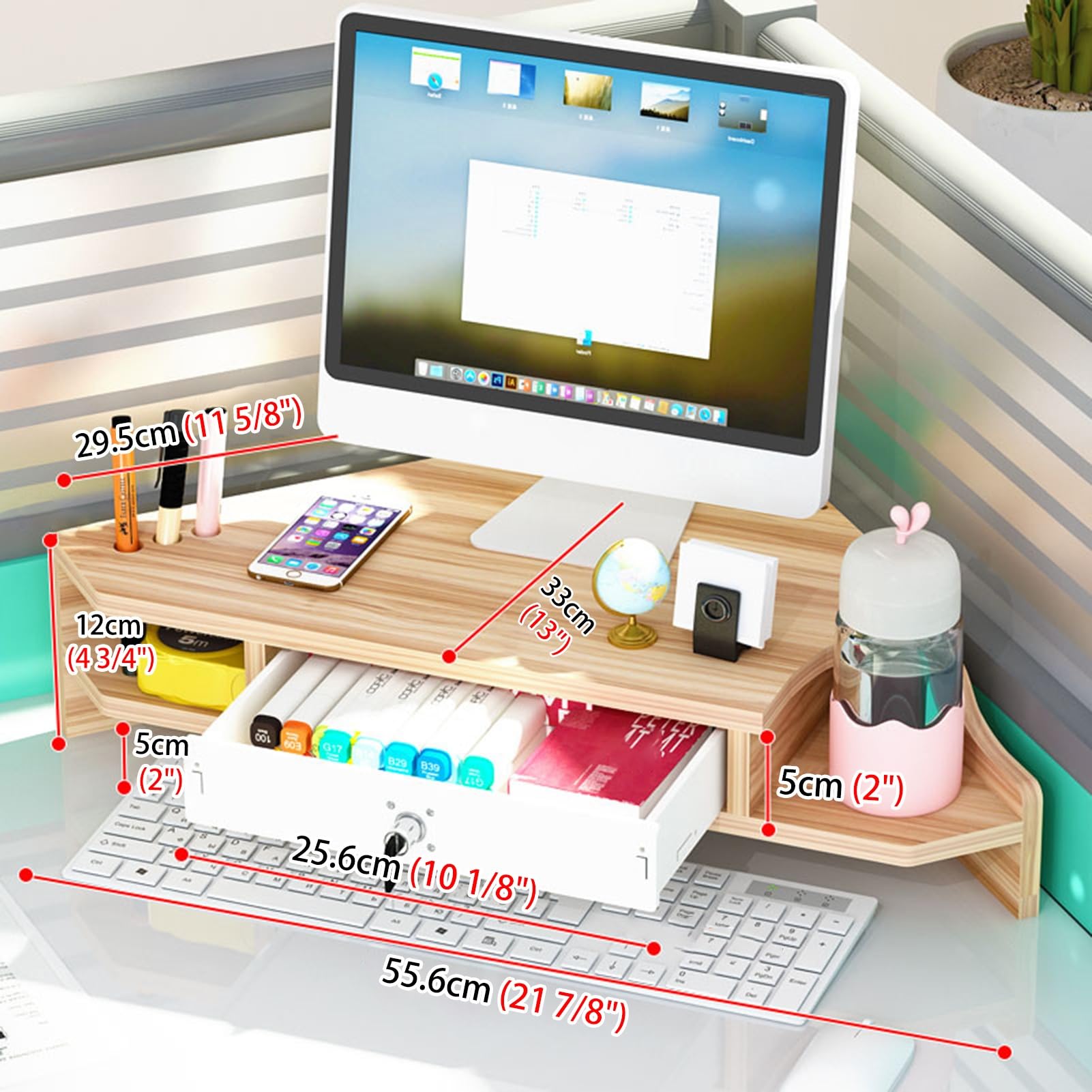 Ergonomiczna narożna podstawka pod monitor, drewniana narożna półka na biurko z uchwytami na kubki i 2-poziomową przestrzenią do przechowywania, trójkątna podstawka pod ekran druka
