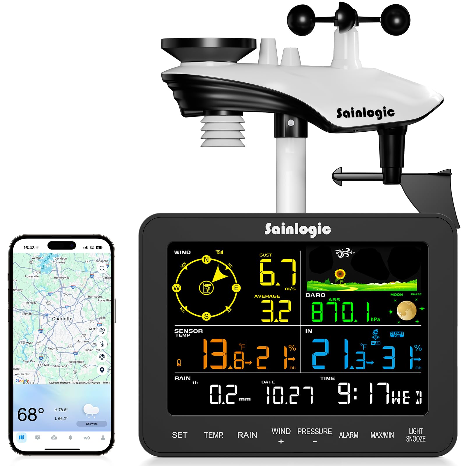 Sainlogic SA6 Plus Smart Wetterstation WLAN, 24/7 KI-Wettervorhersage von Weatherseed®, APP/Email-Warnungen, Wetterstation mit Regenmesser Digital, 2 Jahre Historische Datenspeicherung, Nur 2.4GHz