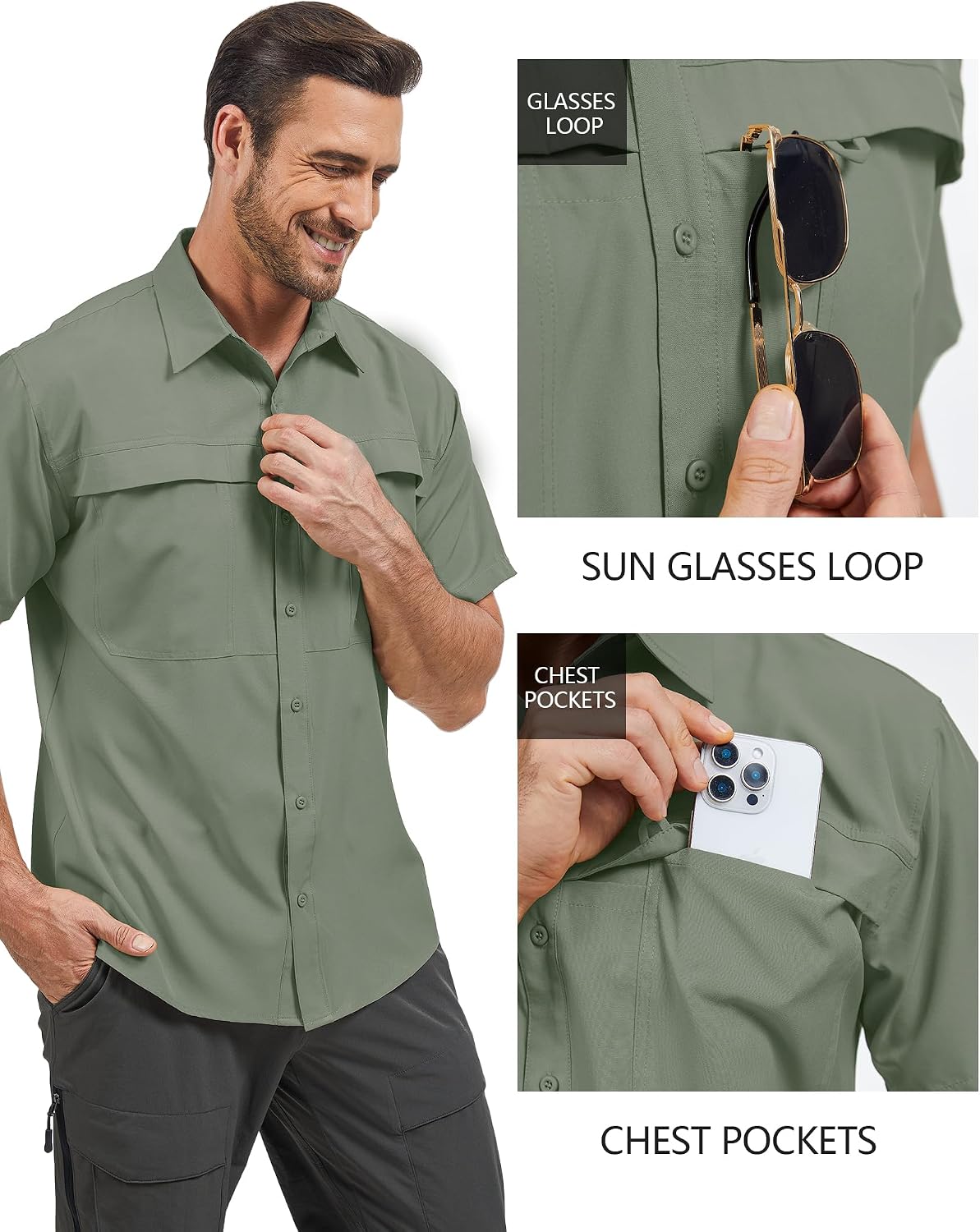 Men's Quick-Dry Hiking Shirts Short Sleeve, Travel Sun Protection Shirts, Mens Safari Cargo Shirt for Fishing Camping