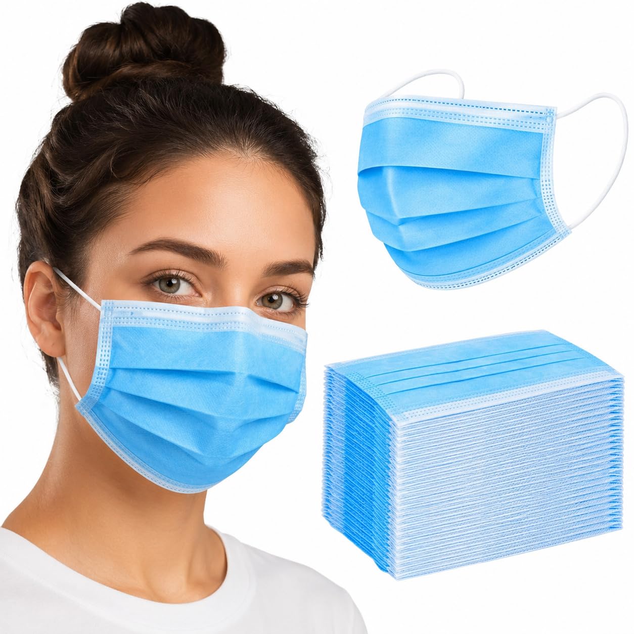 Disposable Face Mask Pack of 100 | 3 Ply Non Woven Face Mask with Soft Elastic Ear Loops & Nose Clip | Dust Mask for Men & Women | Daily Use Mask | Blue-image-15