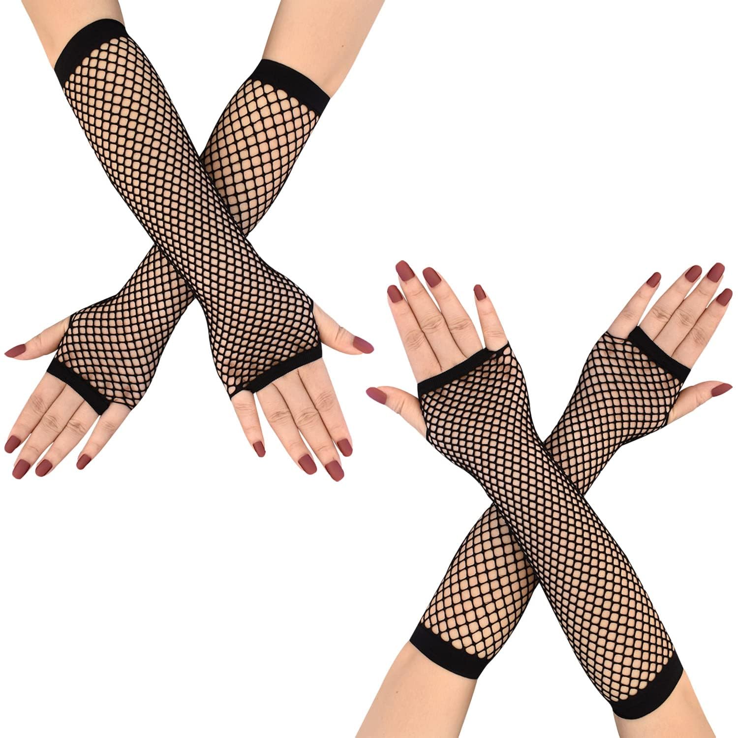 ZYWQ 2 works Fishnet Gloves Women's Mesh Fingerless Gloves for 80s Costume Theme Party, Black, Long