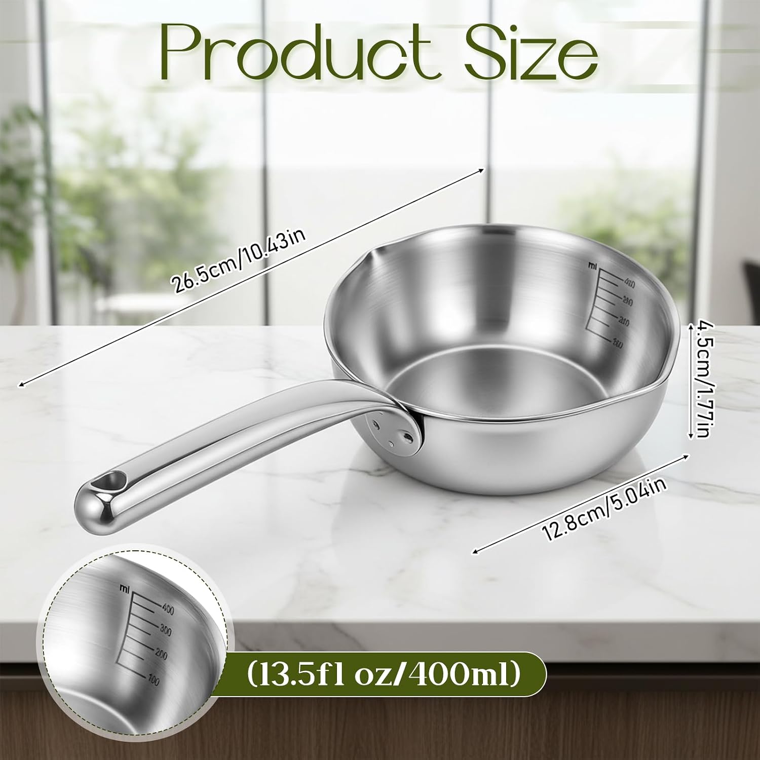 13.5 fl oz (400ml) 18/10 Stainless Steel Butter Warmer Measuring Pan, 3-Ply Saucepan with Dual Pour Spouts, Small Thick Cooking Pan for Stove Top, Chocolate Melting, Coffee Tea Soup Warming