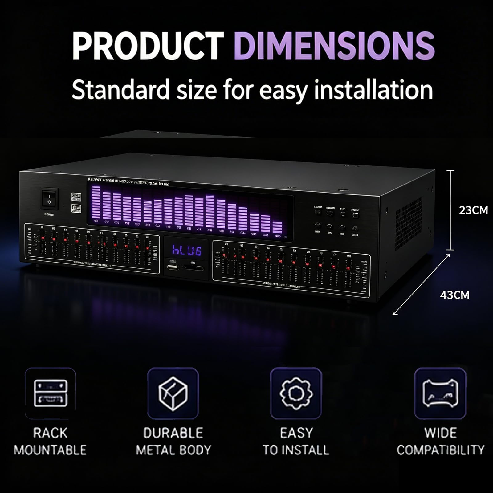 Égaliseur graphique stéréo, égaliseur numérique 20 bandes avec affichage LED, 15 modes dynamiques, télécommande, réduction du bruit pour studio et audio domestique