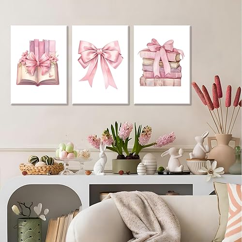 Miniatura 4 de JBZZD - Juego de 3 lienzos de pared con lazo rosa coqueta, para amantes de los libros, decoración de preppy, pósteres de libros rosados, impresiones