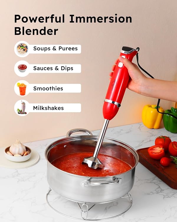 Sangcon Immersion Blender Handheld, 3-in-1 Hand Blender Electric, 400W Handheld Blender, Stainless Steel Blade Stick Blender with Whisk, Milk Frother Attachments - Red by sangcon - Image 3
