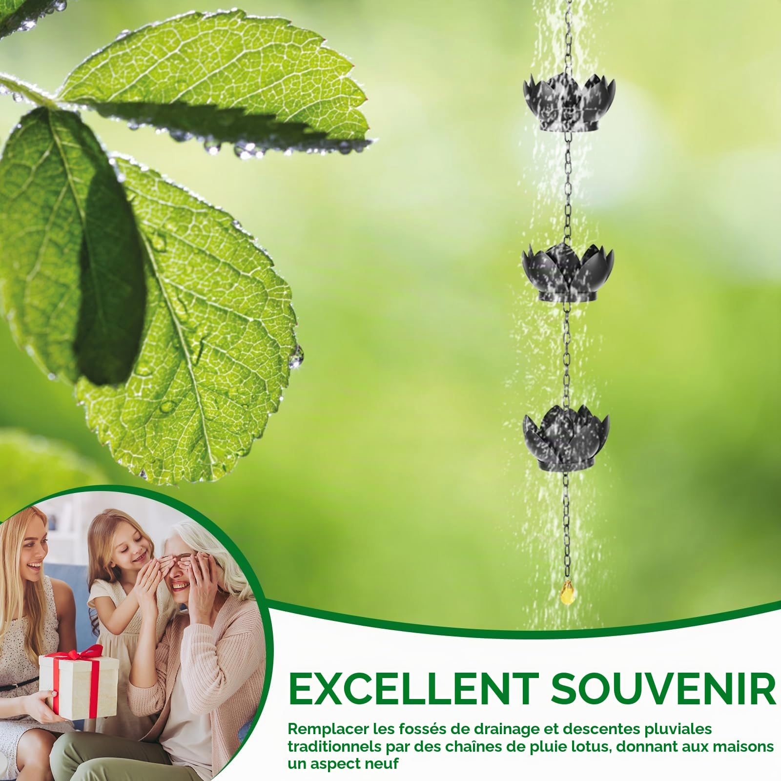 Chaîne de pluie, chaîne de gouttière chaîne d'évacuation de pluie avec crochets en S, chaîne de pluie chaîne d'évacuation, longueur réglable, chaîne de pluie avec imitation de nénuphars, pour