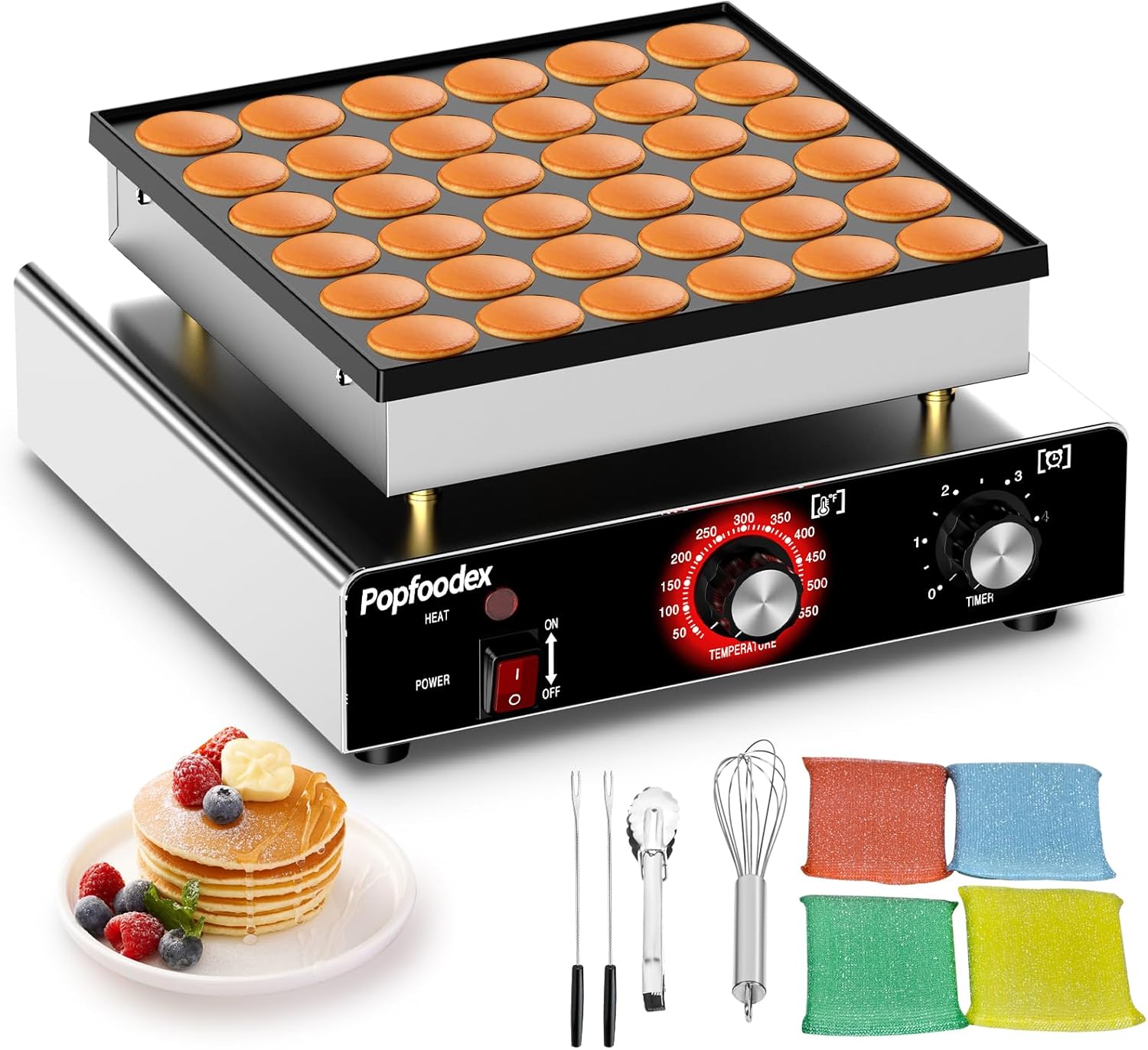Mini Pancake Maker - 25Pcs Mini Pancake Griddle w/Non-stick and Adjustable Temp, 110V Electric Dutch Pancake Maker w/ 1.8 Inches Poffertjes, Hot Cakes Machine for Home Kitchen Restaurant