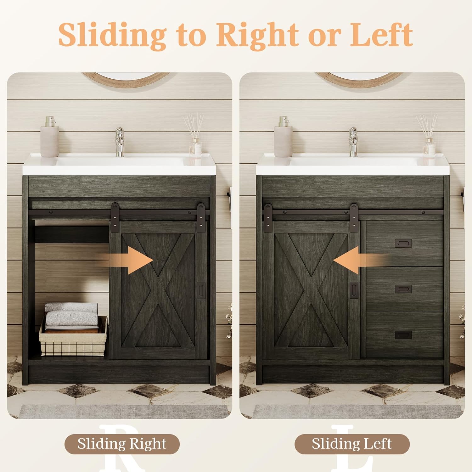 4ever2buy 30 Inch Bathroom Vanity with Sink, Farmhouse Bathroom Vanity with Ceramic Sink, Barn Door Bathroom Storage Cabinet with 2 Drawers, 2 Drawers & Sliding Barn Door, Wash Grey