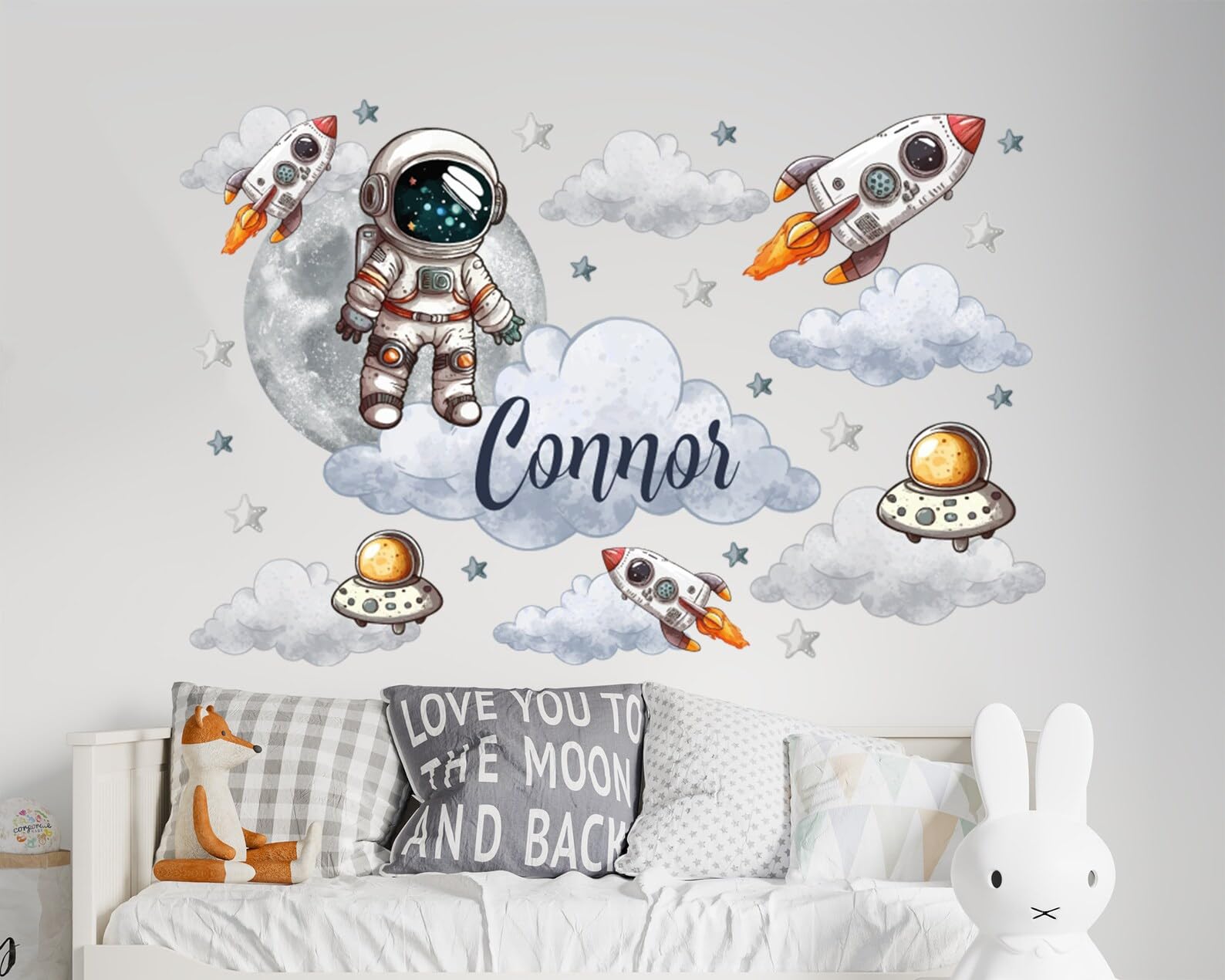 Custom Name Astronaut Wall Decal - Watercolor Rocket and Stars Vinyl Sticker - Space Nursery Decor for Boys - Kids Room Astronaut Wall Art -