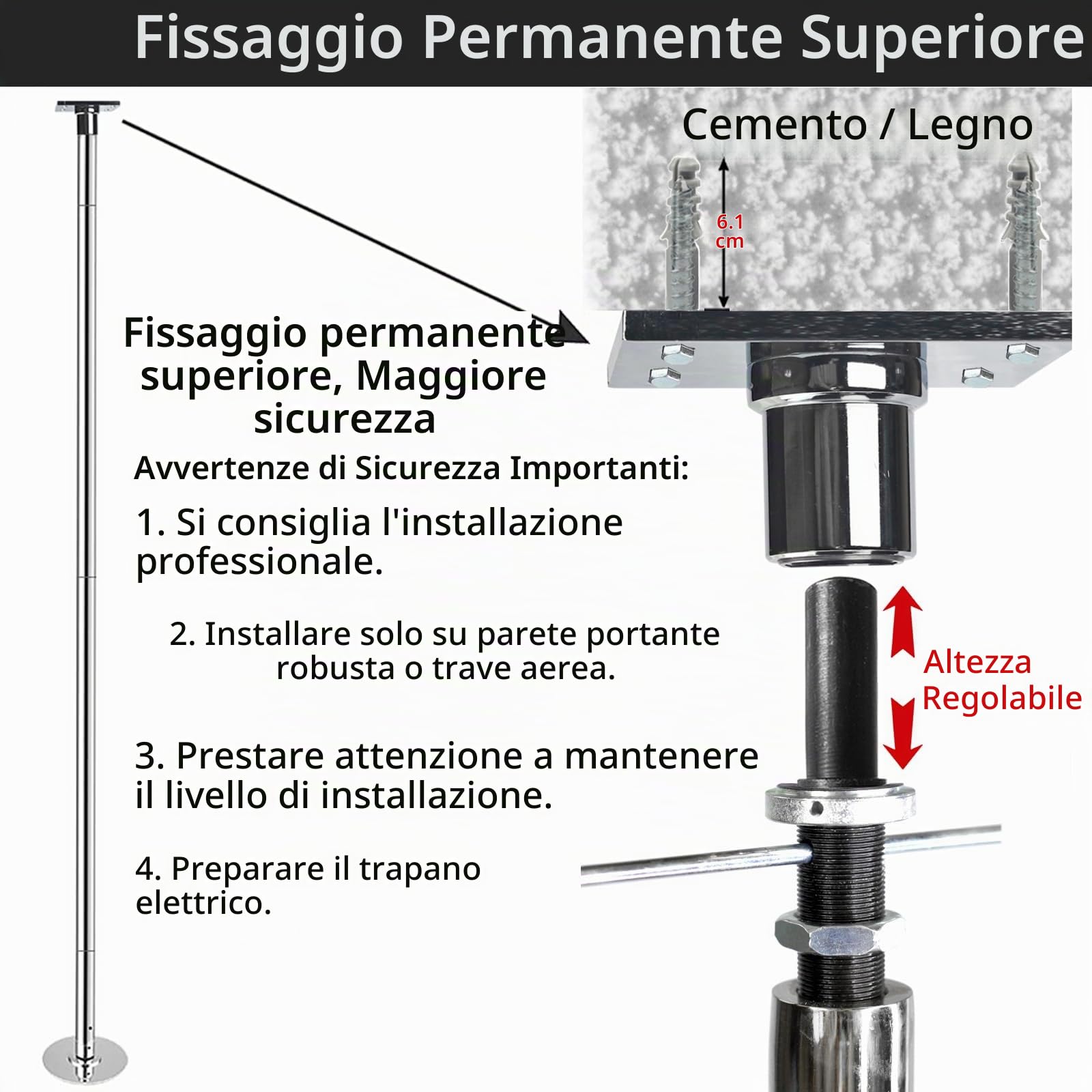 PRIOR FITNESS Asta da ballo permanente con piastra fissa, asta da ballo per casa, con supporto a soffitto e accessori di espansione, maggiore sicurezza e stabilità