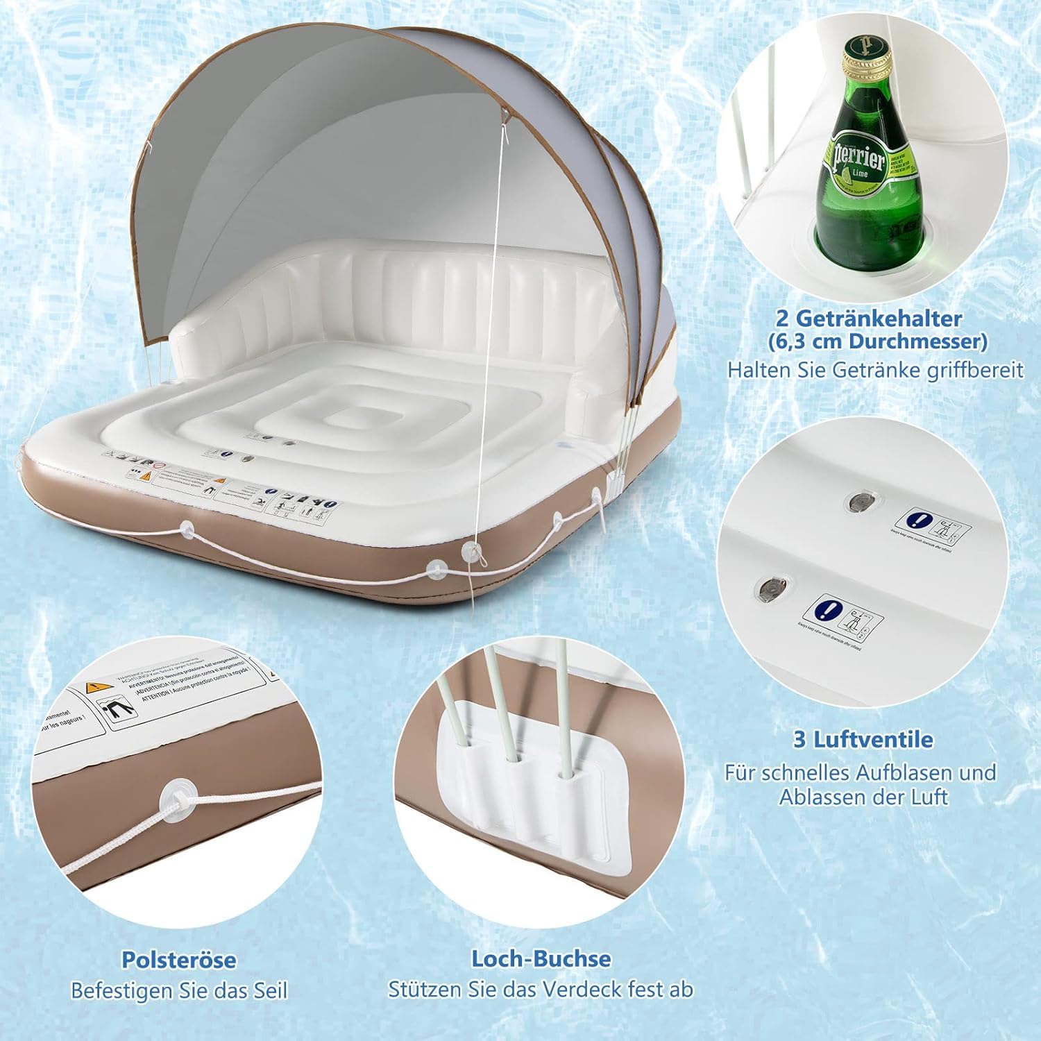 GYMAX Flotador Hinchable Grande para 2 Personas, Isla Flotante Inflable con Toldo Solar Desmontable y Ajustable (UPF 50+), 2 portavasos, Colchoneta Hinchable para Piscina y Playa, Carga de 200 kg