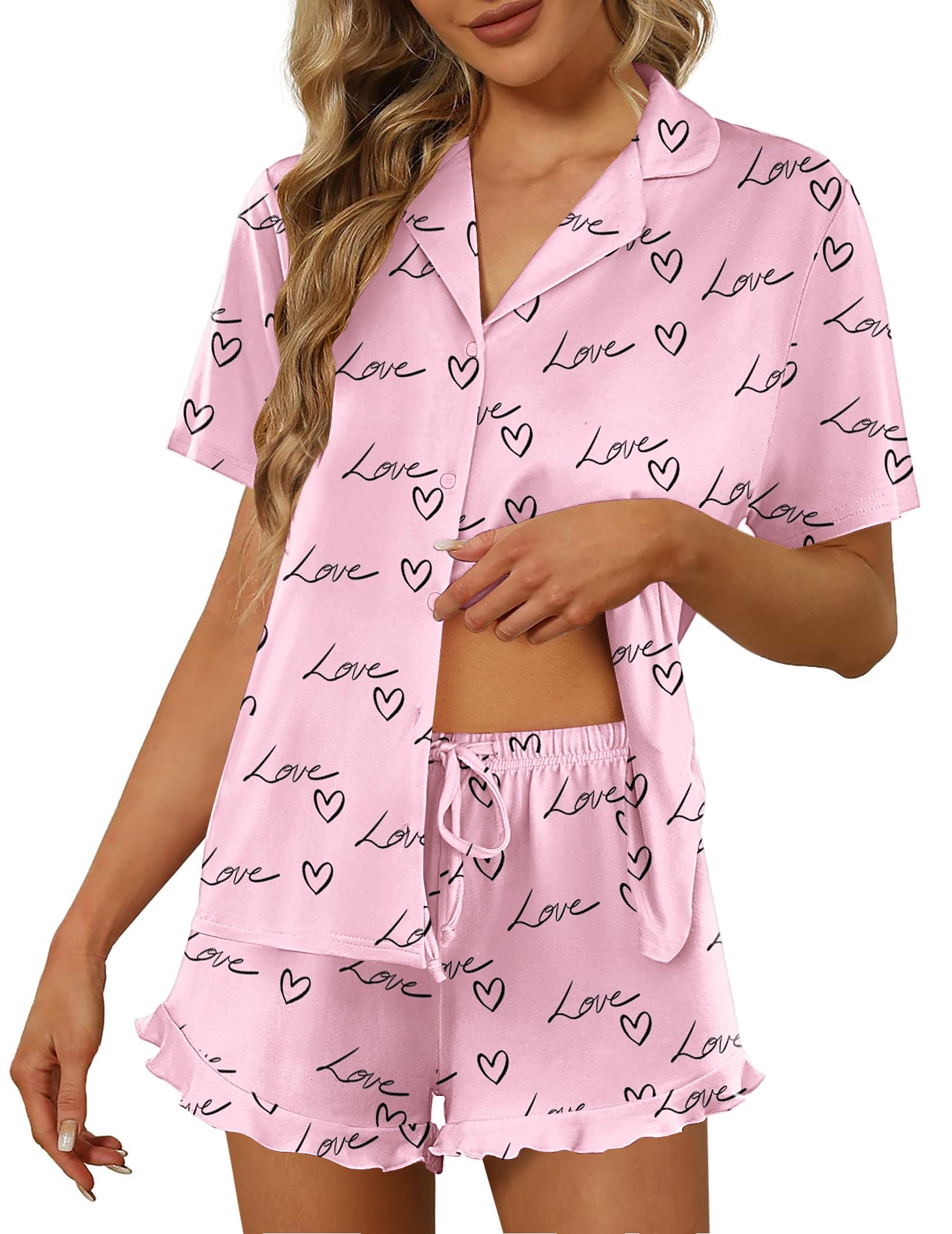 Ekouaer Pajamas Set for Women Short Sleeve Sleepwear Button Down Ruffle Pjs | Soft Pjs Shorts Set, Notch Collar, Lounge Sets for Sleep, Lounge, Wedding, Bridal Party