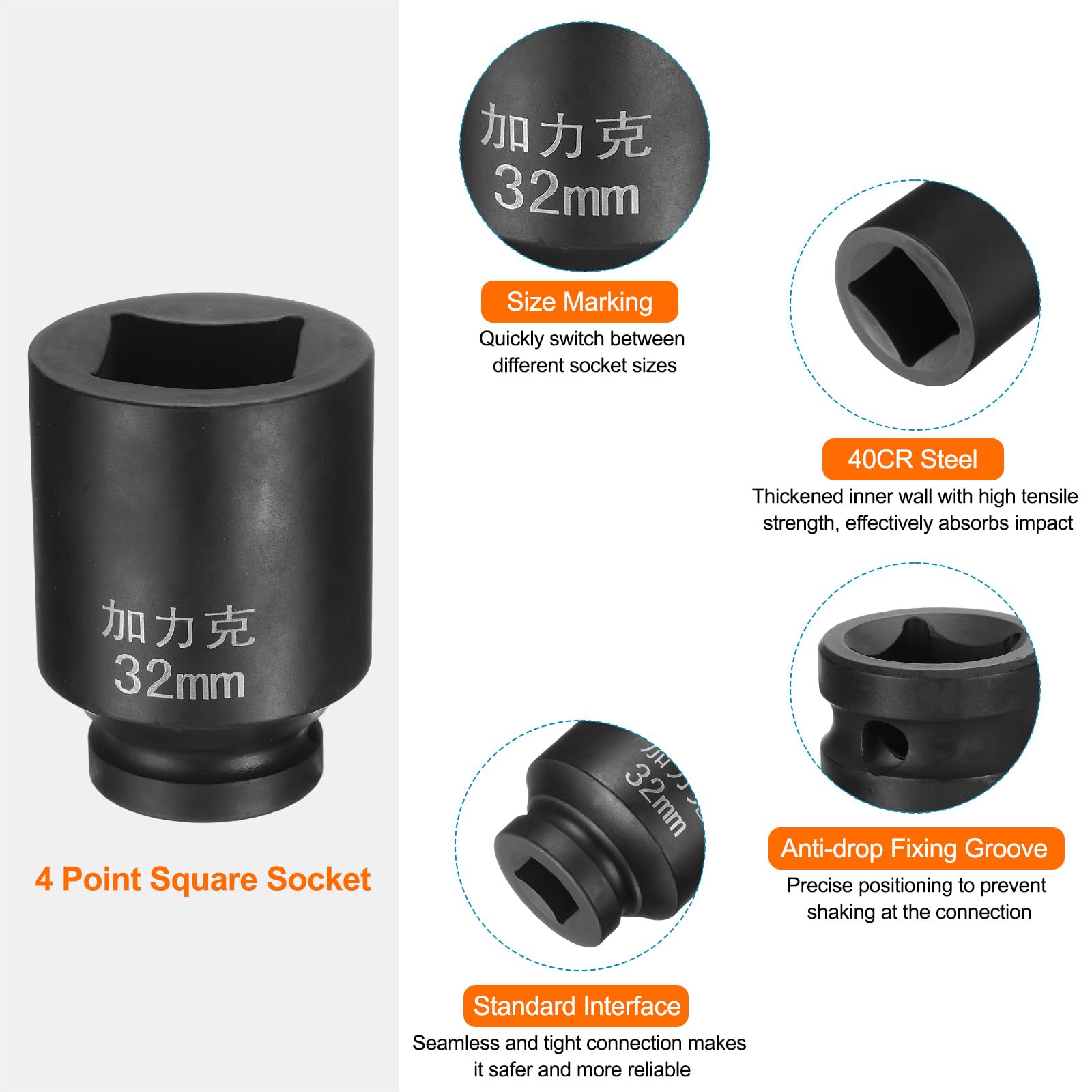 HARFINGTON 2 llaves de vaso cuadradas de 4 puntos de 3/4 pulgadas por 32 mm métricas cuadradas de impacto 40CR ennegrecimiento estándar para rueda de reparación de automóviles, mantenimiento mecánico,