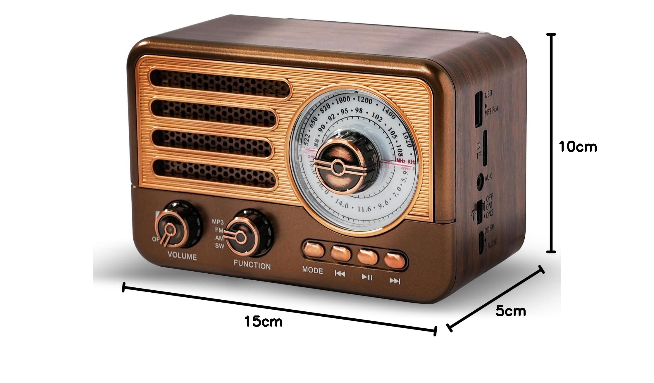 Radio de transistores Retro Radio Am FM SW con Pilas, pequeña Radio portátil Recargable con batería de Iones de Litio de 1800 mAh, Compatible con Tarjeta TF/Aux/Reproductor de MP3 USB
