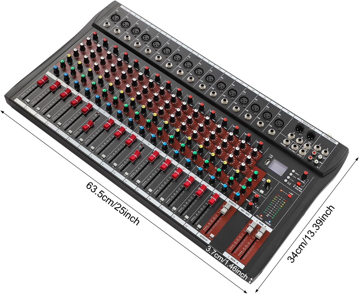 Angled view of the DNYSYSJ 16 Channel Audio Mixer with dimensions labeled: 63.5cm (25 inches) length, 34cm (13.39 inches) width, and 3.7cm (1.46 inches) height.