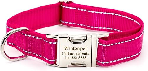 Miniatura 1 de Collar de perro personalizado reflectante personalizado con nombre de mascota dirección de número de teléfono tamaños ajustables XS S M L XL rosa