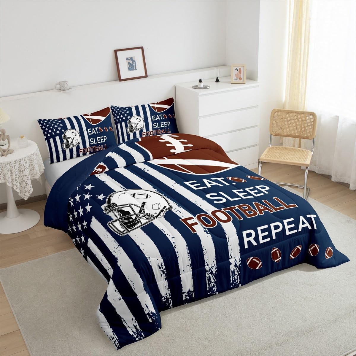 Feelyou Football Kids Boys Girls Bedding Set Twin Size Football City Themed Comforter Set Ultra Soft Rugby Helmet Comforter Flag Print Duvet Quilt Bedroom Decor Rugby Game Quilt
