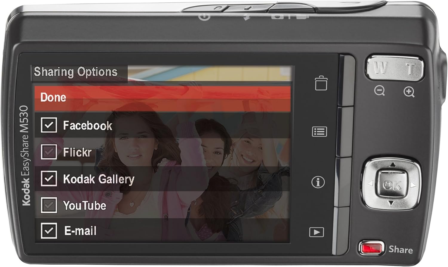 Zadní view of Kodak EasyShare M530 showing sharing options on the LCD screen