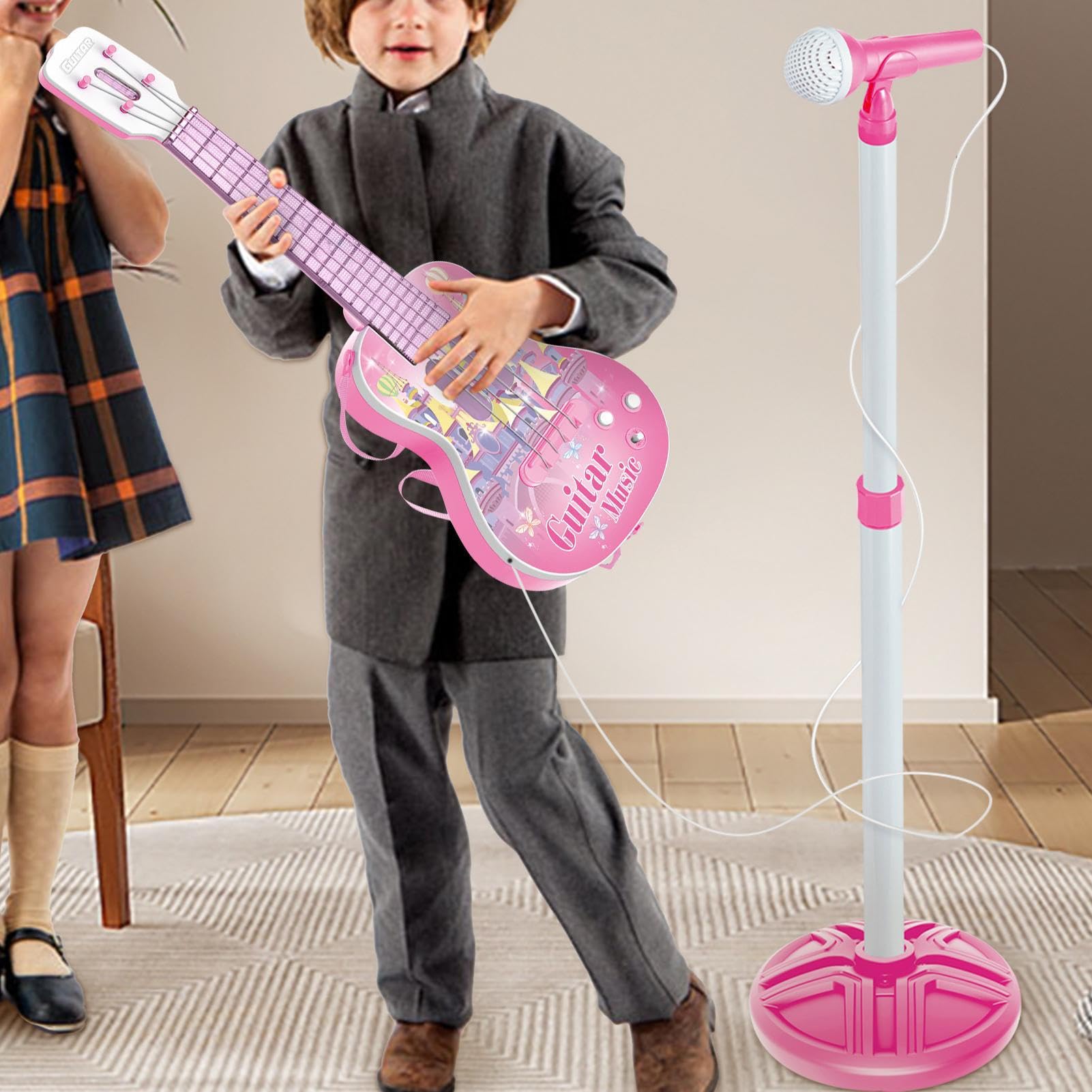 Chitarra Giocattolo Per Bambini Giocattolo Strumenti Musicali | Kit Apprendimento con Chitarra e Microfono Per Viaggi Camera Dei Giochi Scuola Asilo Feste Di Gruppo