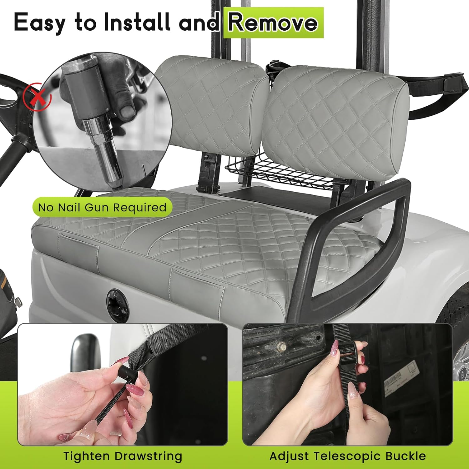 Vinyl Leather Golf Cart Seat Covers for Yamaha G22 G19 G16 G14 G11 G9 G2 Front Seat Cover Fit OEM Ordinary Cushion No Nail Gun Easy to Install & Clean Vinyl Seat Cover Gray (Grey)