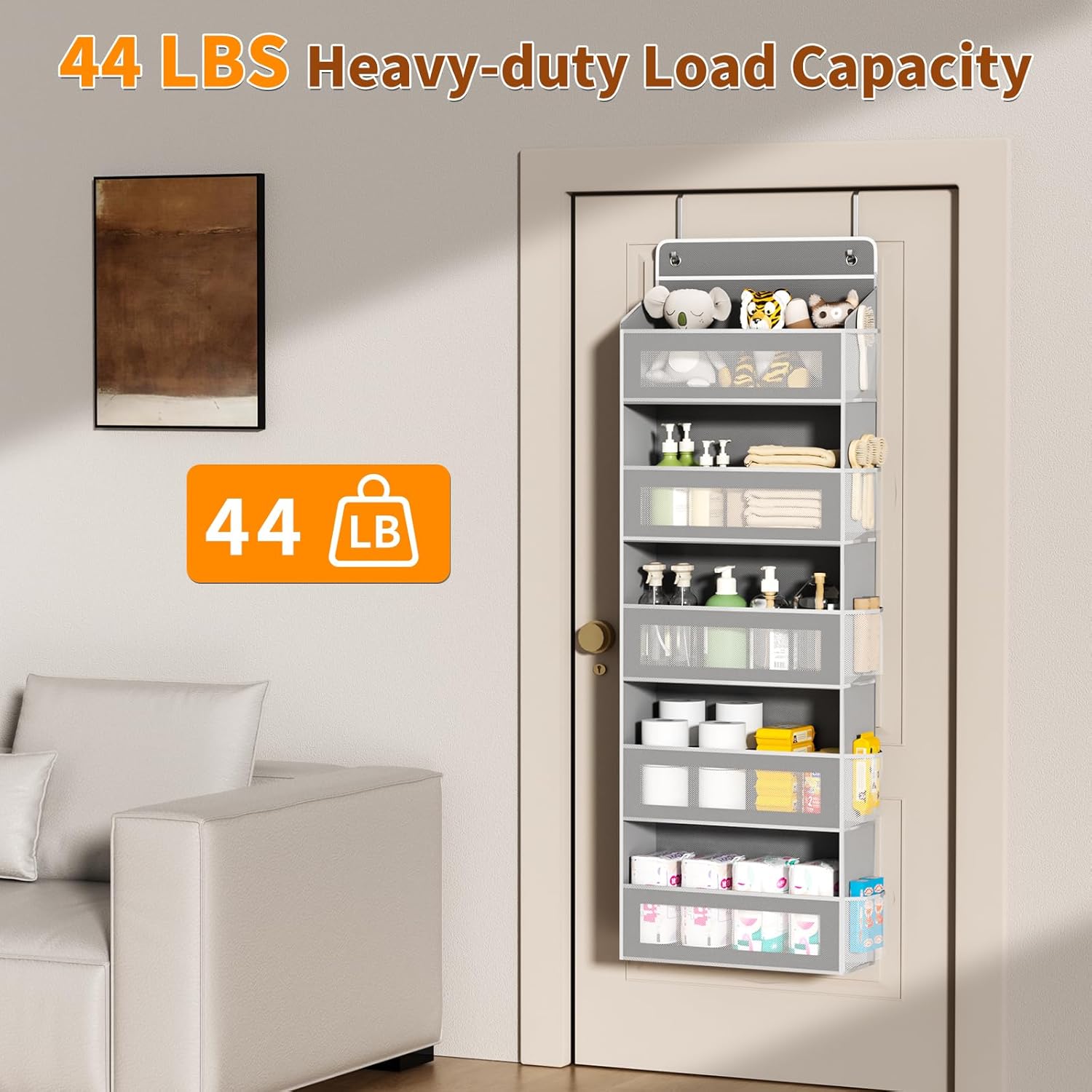 Over The Door Organizer, Over the Door Storage with 5 Large 10 Side Pockets, Hanging Door Organizer 44 lb Load Behind Door Storage, Hanging Shelf for Closet Wall Bedroom Bathroom Nursery, 5-Tier Grey - Image 3
