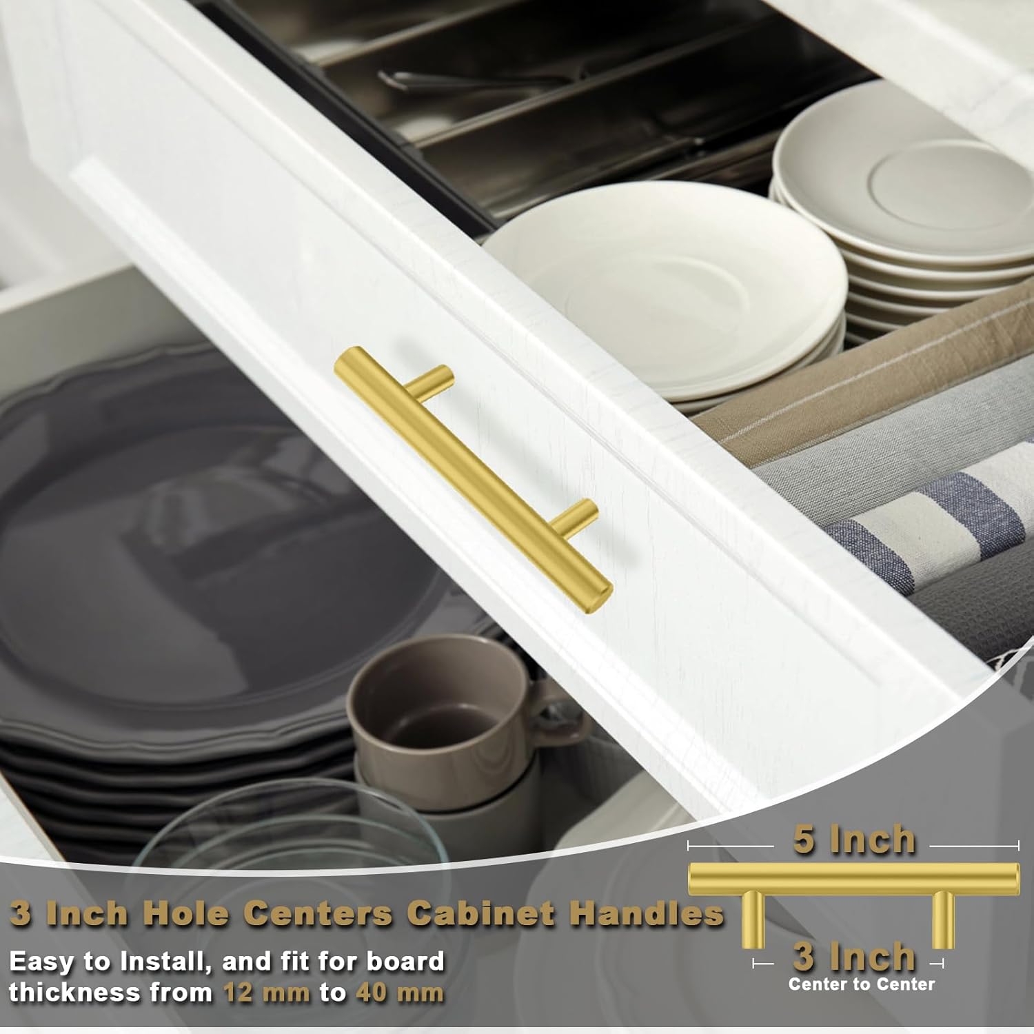 Estmoon 30 Pack Brushed Brass Cabinet Handles Gold 3 Inch Hole Center Cabinet Pulls Stainless Steel Drawer Handles Kitchen Cabinet Hardware Pulls for Cabinets and Drawers - 5" Length, 3" Hole Center