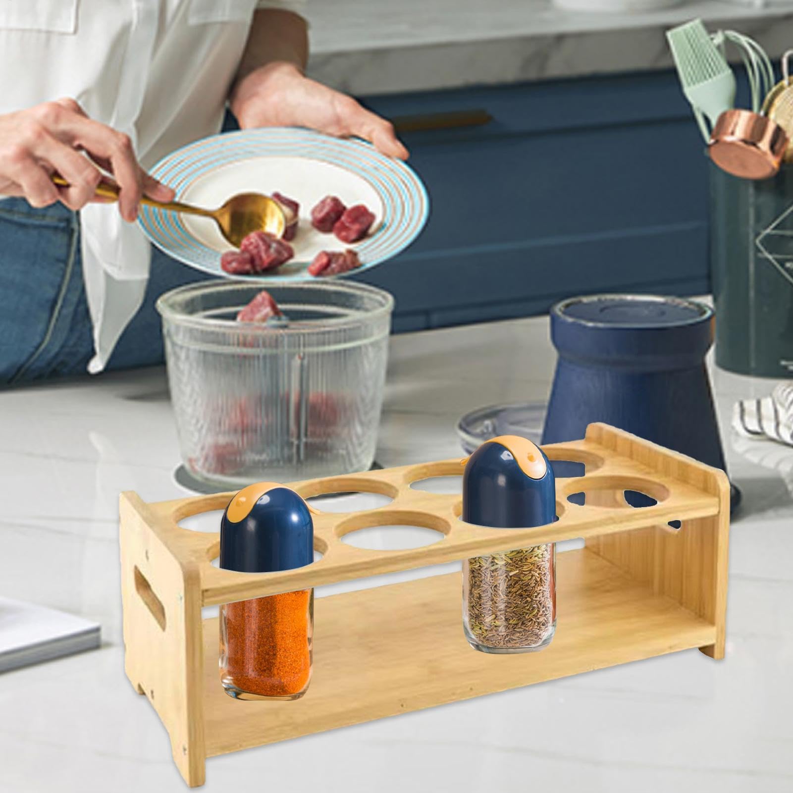Estante para especias con 8 agujeros, dispensador de aceite de oliva y soporte de almacenamiento, soporte de almacenamiento de especias de cocina para el hogar y la oficina, especias eficientes para