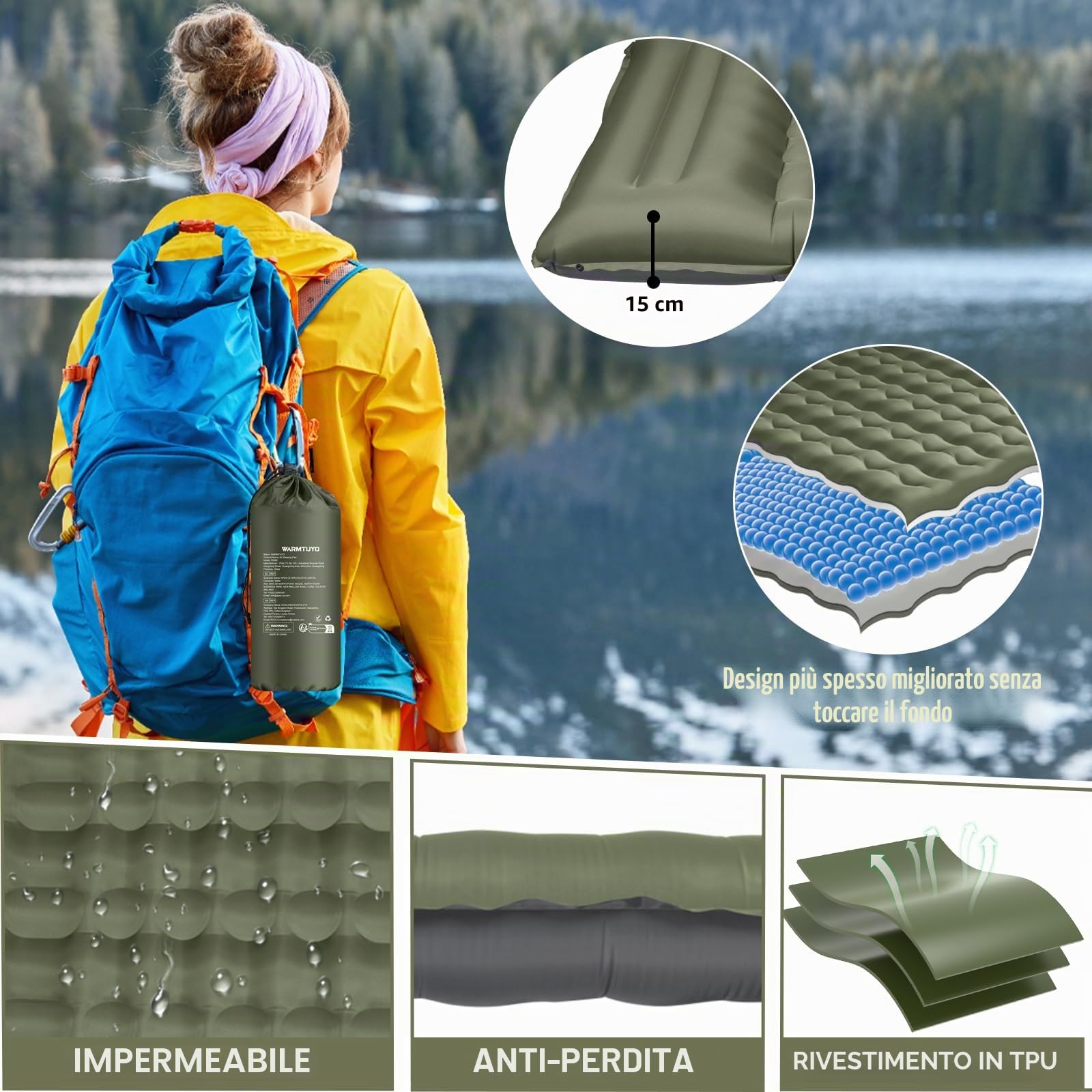 Materassino da Campeggio, Addensato 12CM Letto per Dormire All'aperto con Cuscino e Pompa a Pedale, Tappetino da Campeggio Gonfiabile Leggero Impermeabile per Escursionismo Zaino in Spalla Campeggio