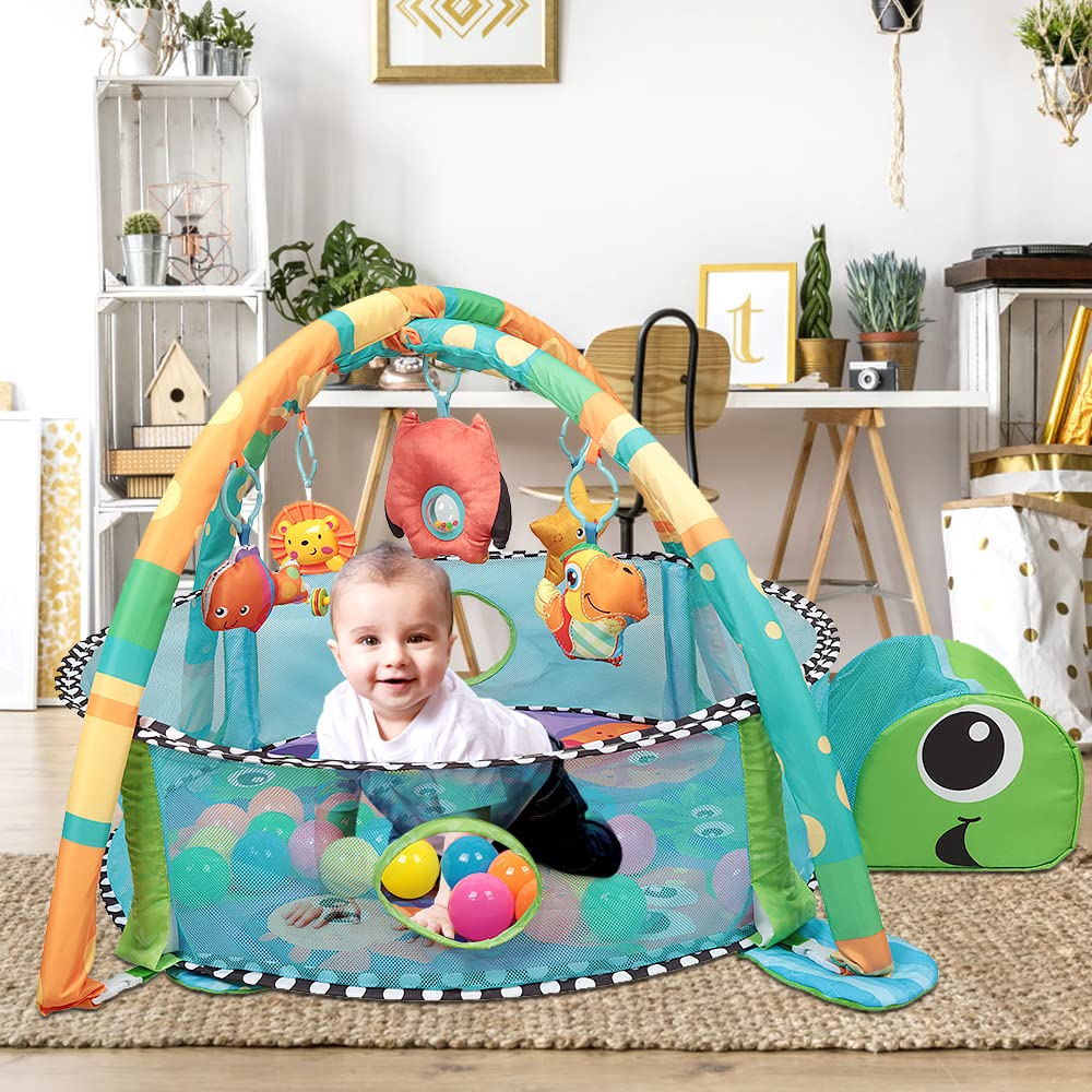 Tapis d'éveil tortue multifonction avec parc à balles, arche de jeux suspendue, 30 balles de piscine incluses, pour bébés 0 à 3 ans