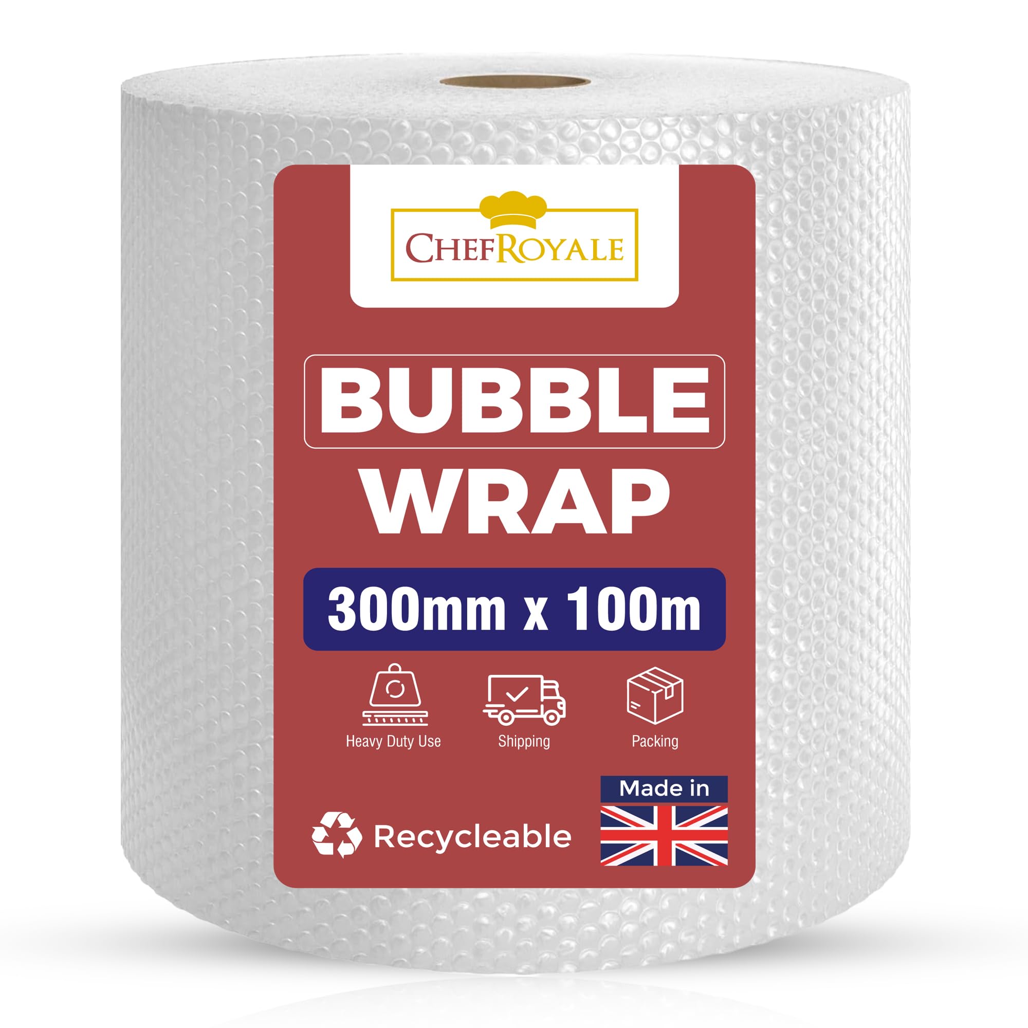 Chef Royale Premium Bubble Wrap Roll - UK Made, 300mm x 100m - Ideal for House Moving, Shipping, Storage & Packaging - Durable Air Bubble Wrap