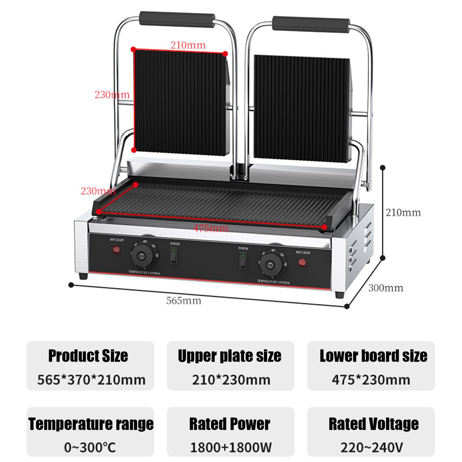 Sandwichera Comercial Eléctrica Panini Press Maker 50-300 ℃ Control De Temperatura Ajustable Superficie Antiadherente Placas De Doble Ranura 3600W Sandwichera Tostadora para Cocina